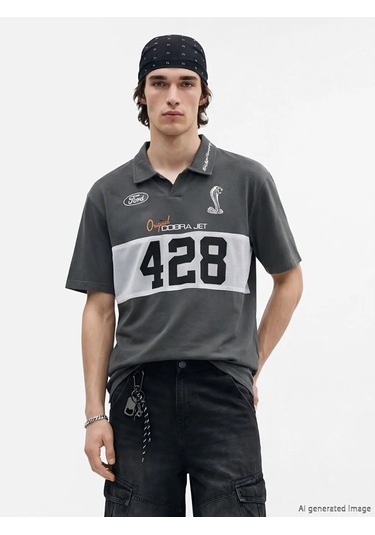 Lc Waikiki Gri Oversize Polo Yaka Ford Baskılı Erkek Tişört