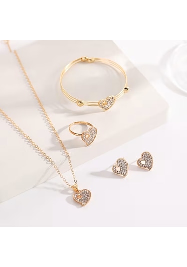 Moda Kolye, Küpe, Yüzük, Kalp Crystal Set, Sevgililer Günü Altın