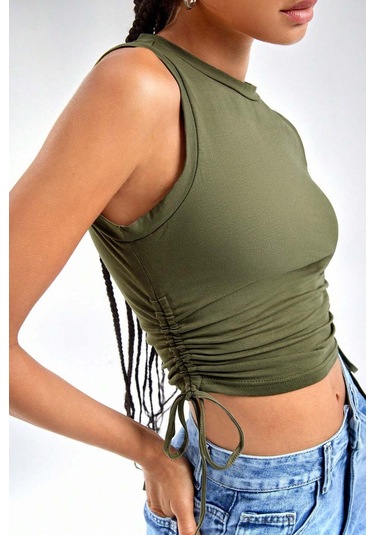 Merry See Yanları Büzgülü Kolsuz Bluz Crop Top Atlet Yeşil
