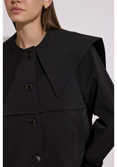 Geniş Yaka Crop Trençkot Siyah Siyah