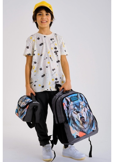 Coral High Kids Gri Siyah Kurt Desenli 3 Lü Okul Çanta Seti Set0114404