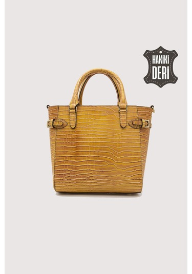 Hakiki Deri Kadın El Çantası Hardal Kroko Smr7922 Hardal Kroko