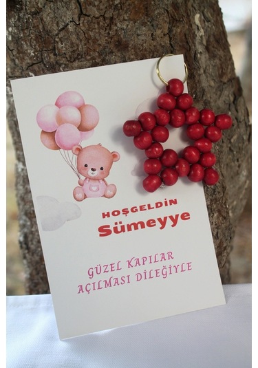 30 Adet Ahşap Yıldız Anahtarlık - Bebek Hediyelik - Kartlı
