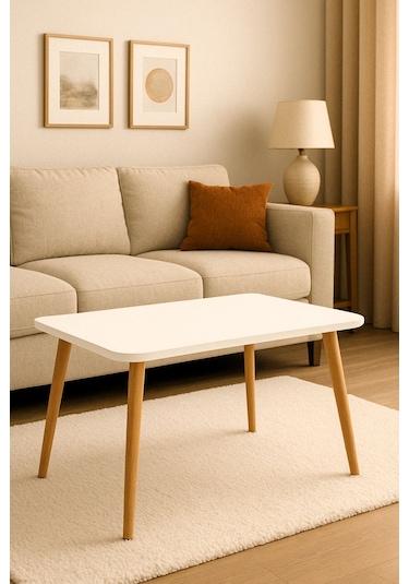 Dekoratif Orta Sehpa Ahşap Ayaklı Şık Tasarım Beyaz