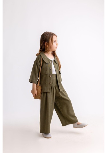 Oliventhekid Korsajlı Büzgülü Keten Kız Çocuk Pantolon Haki Haki