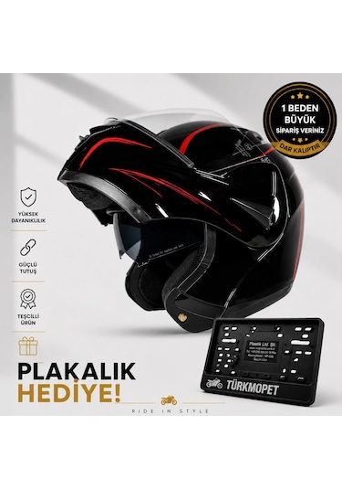 Vrt Çene Açılır Güneş Vizörlü Kask + Plakalık Siyah-kırmızı