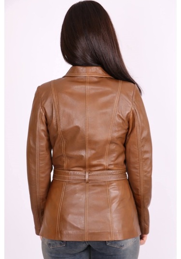 Kahverengi Hakiki Deri Yakalı Kemerli Düğmeli Mont Kaban