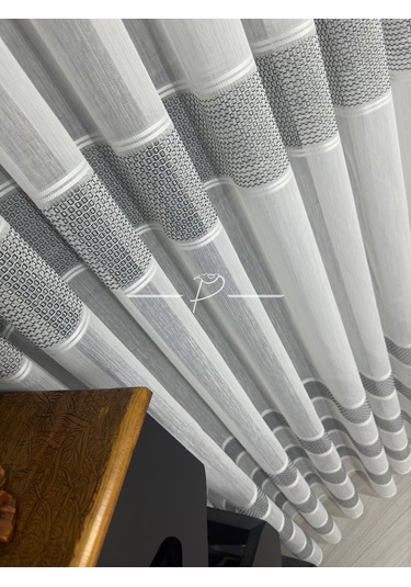 Tül Perde Monalisa Desen Bantlı Şerit Armür Etek Kurşun Sarım Ekru