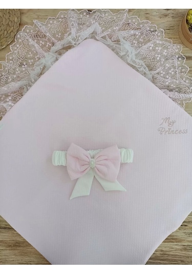 Bal Peteği My Princess Taç Nakış İnci Fiyonklu Dantel Duvaklı Delüks Kundak Bebek Battaniyesi Pembe Pembe