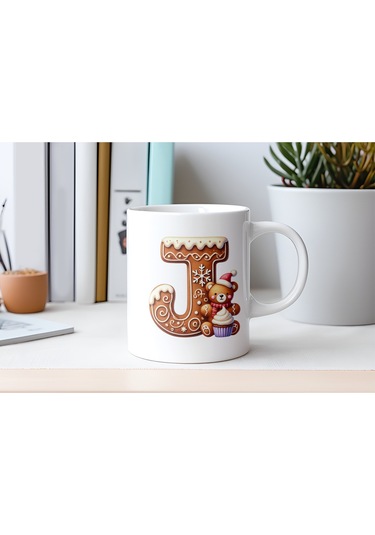 J Kurabiye Harf Ve Ayıcık Detaylı Kupa Bardak - Yeni Yıl / Yılbaşı Temalı Tasarım - Noel Hediye Beyaz