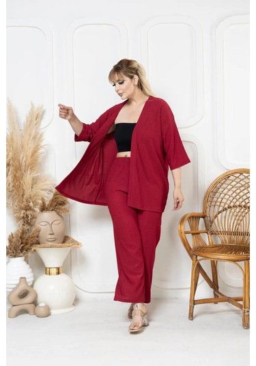 Bürümcük Kumaş Kimono Hırka Alt-üst Takım M-6xl Bordo