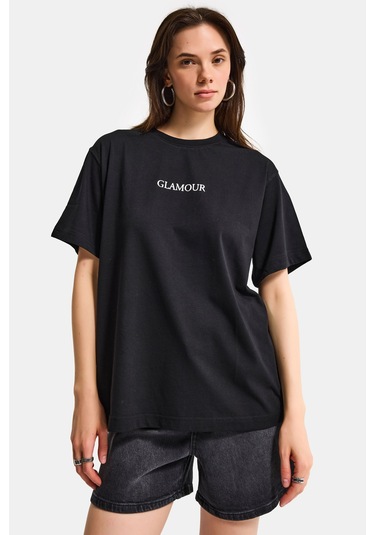Itsbasic Kadın Siyah S6-1 Oversize Glamour Baskılı %100 Koton T-shirt