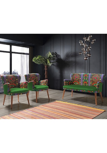 Azra Mobilya - Roma Çay Seti Koltuk Takımı - Etnik Desen Kumaş - Ahşap Demonte Ayak Etnik Desen - Yeşil