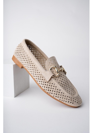 Muggo Phuket Garantili Metal Tokalı Lazerli Nefes Alabilen Deri Kadın Loafer Günlük Ayakkabı Bej