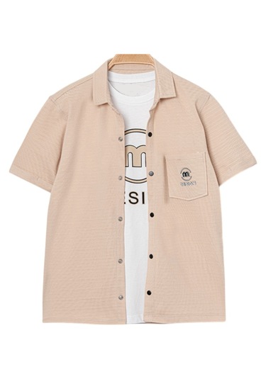 Erkek Çocuk M Design Yazılı Tişört Çıtçıtlı Bej Renk Gömlek Takım