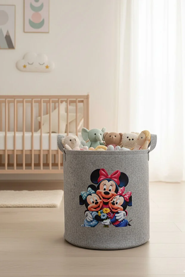 Keçe Oyuncak Sepeti Çizgi Film Desenli, Katlanabilir Kulplu, Çocuk Odası Düzenleyici 38x39 Açık Gri