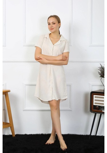 Giyim Kadın Pamuk Keten Kısa Kol Düğmeli Krem Tunik Gecelik Krem