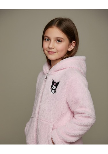Kuromi Nakışlı Pembe Pelüş Kapüşonlu Kız Çocuk Hırka Açık Pembe