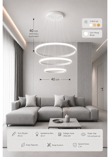 Rizon 3 Lü Led Sarkıt Avize 3 Renk Kumandalı Beyaz