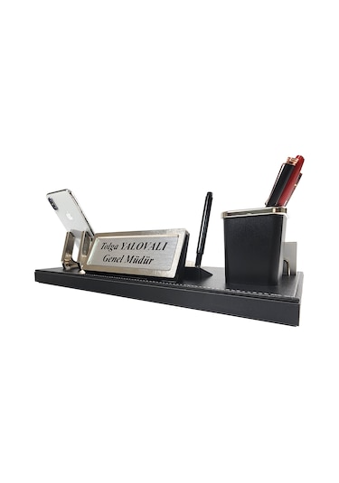 Akat Vip Deri Ofis Masa Üstü İsimlik Seti - Masa İsimliği Siyah