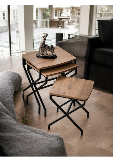 3 Lü Zigon Sehpa Metal Ayaklı Çam Ahşap Kare Misafir Sehpası