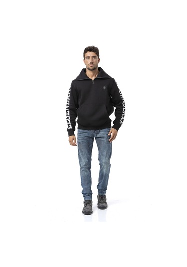 Cl605 Erkek Yarım Fermuarlı Sweatshirt "legendary" Kol Baskılı Ve Göğüs Logolu Kazak Siyah