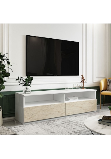 Centra Kapaklı Tv Sehpası,tv Ünitesi İstanbul Ceviz, Ev-ofis - Beyaz/traverten Beyaz/traverten