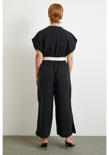 Kemer Detaylı Yarasa Kol Tulum Siyah Siyah