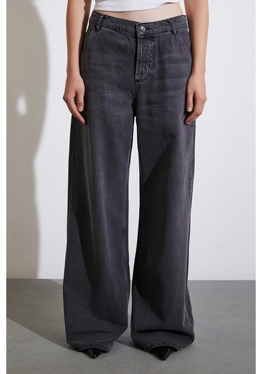 Never More Yüksek Bel Geniş Paça Jean Füme