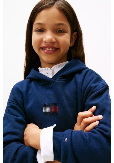 Kız Çocuk Rahat Kalıp Taşlı Amblemli Kapüşonlu Sweatshirt - Lacivert Dark Night Navy