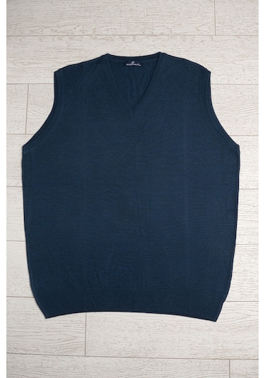 V Yaka Battal Büyük Boy Yünlü Kolsuz Triko Süveter İndigo