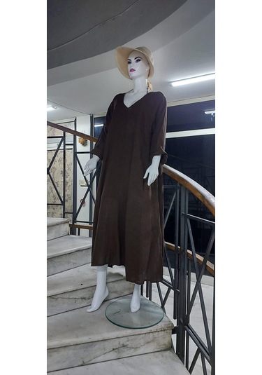 İtalyan V Yaka Uzun Kol Keten Elbise-8907 Koyu Kahve