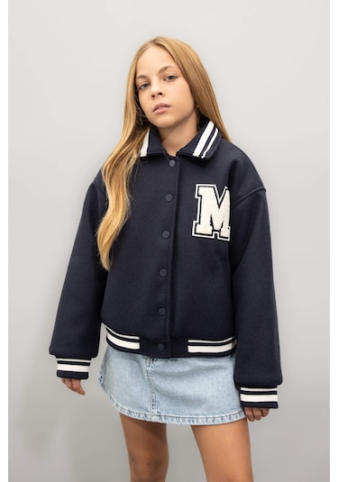 DeFacto Kız Çocuk Yazı Baskılı Çıtçıtlı Ribana Kollu Kolej Mont C5406A824AUNV256 Lacivert