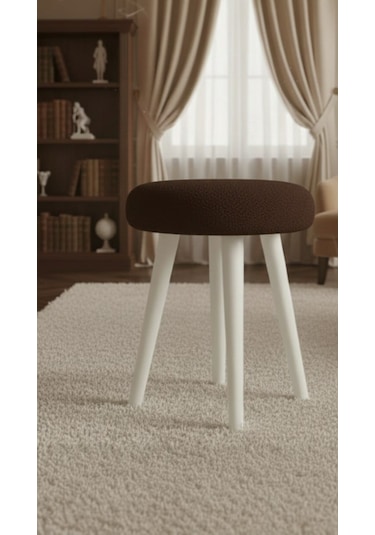 Gürgen Ahşap Retro Ayak Dekoratif Beyaz Pelüş Puf Tabure Koyu Kahverengi