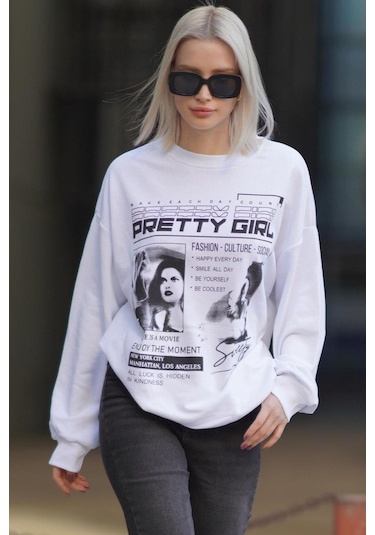 Madmext Beyaz Baskılı Oversize Kadın Sweatshirt Mg1923 Beyaz