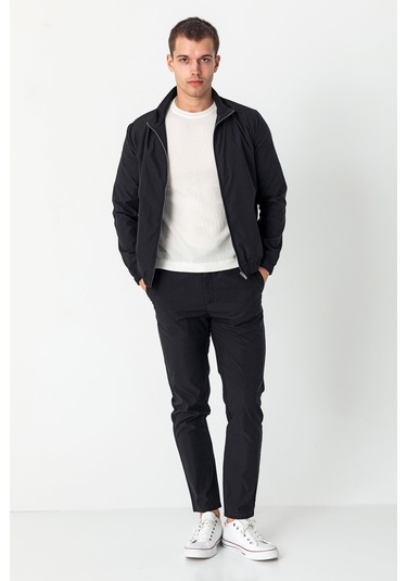 Erkek Rahat Kesim Beli Lastili İçi Astarlı Klasik Baharlık Mont Siyah