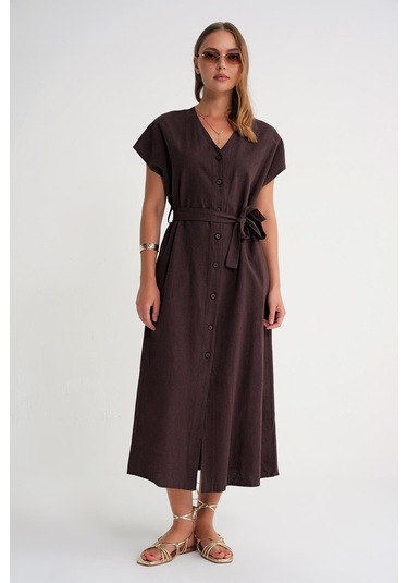 4721 Kadın V Yaka Düğme Detaylı Keten Elbise Kahve Kahve