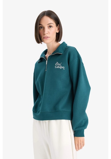 Defacto Regular Fit Yarım Fermuarlı Baskılı Kalın Sweatshirt F1067ax25augn1040 Yeşil