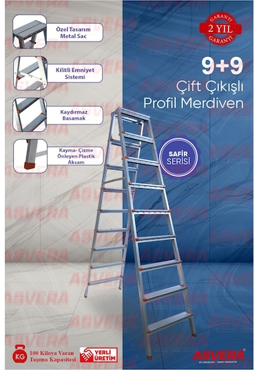Safir Serisi - 9 9 Basamaklı Çift Çıkışlı Galvanizli Profil Merdiven Ev, Bahçe, Işyeri Için Uygun