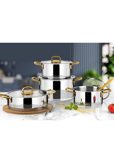 Lines Yeni Silver 8 Parça Altın Metal Kulplu Çelik Tencere Seti