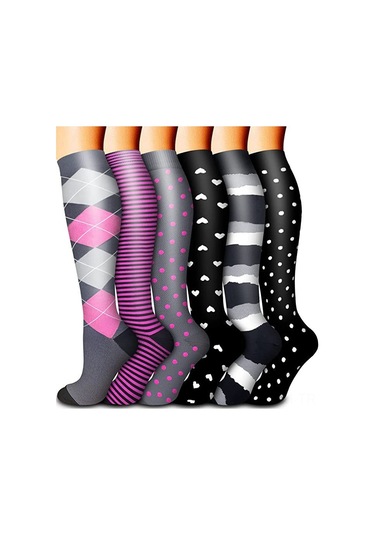 Suofeng "6 Çift Spor Çorap - Koşu, Fitness Ve Zıplama İçin Basınç Destekli Uzun Konçlu" Siyah