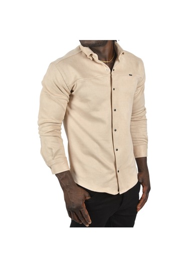 Deepsea Erkek Krem Likralı Çıtçıtlı Kırışmayan Süet Kumaş Slim Fit Cepsiz Mevsimlik Gömlek 2500556 False Krem