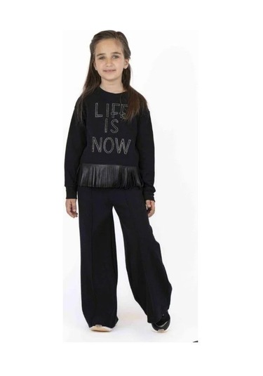 Kız Çocuk Püskül Deri Detaylı Sweatshirt-13504 Siyah