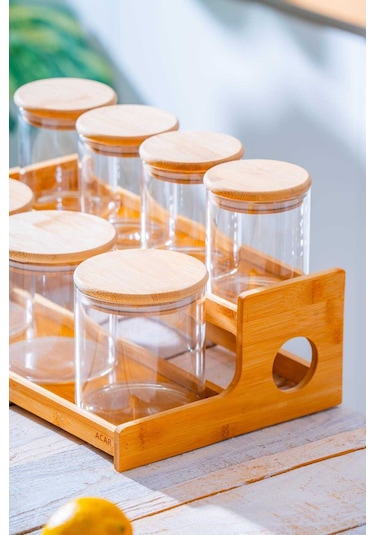 Acar Malibu Bambu Standlı 7 Li Borosilikat Cam Baharatlık Seti Şeffaf
