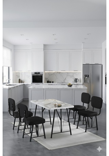 Elfin 70x110cm Sabit Efes Yemek Masası, Yemek Masası Takımı, Mutfak Masası, 4 Siyah Sandalye Siyah