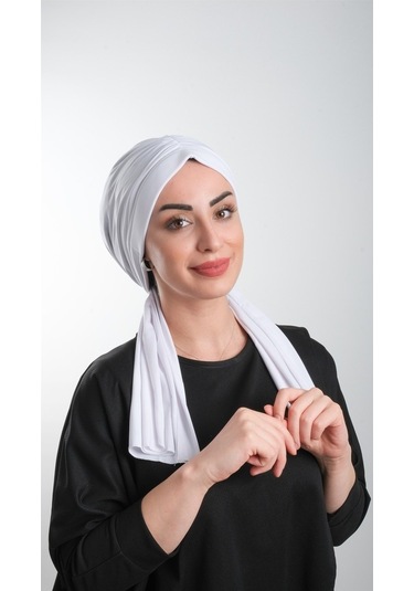 Beyaz Pratik Hazır Geçmeli Tesettür Bone Kesik Elyaf Sade 2111_42 Beyaz
