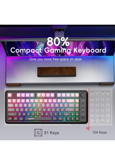 Hxsj L400 Üç Modlu Wireless Rgb Işık Ince Film 81 Tuş Klavye Grafiği Siyah Pembe