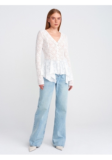 Dilvin 60433 Düğmeli Peplum Dantel Hırka-ekru Ekru