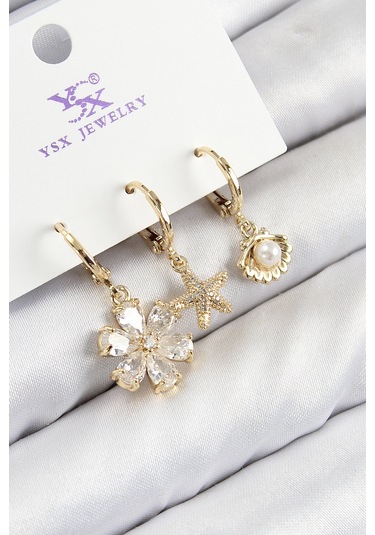 Pirinç Zirkon Taşlı 3'lü İstiridye Ve Çiçek Model Gold Renk Kadın Küpe Çok Renkli