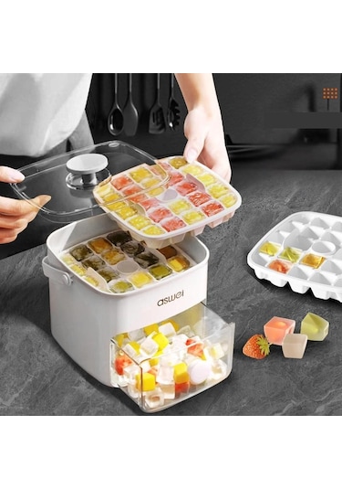 Kacheeg 2'si 1 Arada Çift Katmanlı Buz Küpü Tepsisi, Saklama Kabı İle Kolay İtme Bırakma Kalıbı Beyaz Beyaz